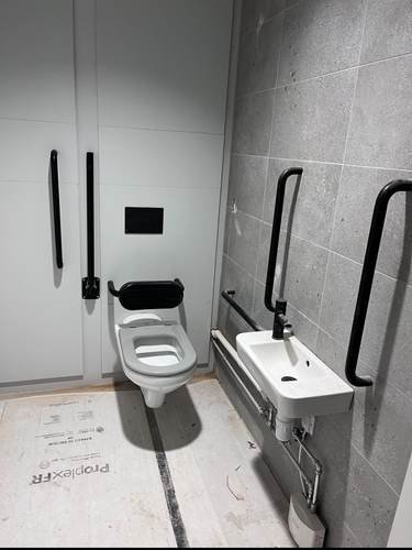Commercial accessible toilet with grab rails