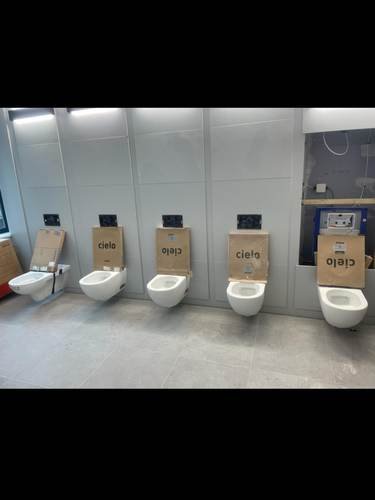 Row of commercial toilet cubicles